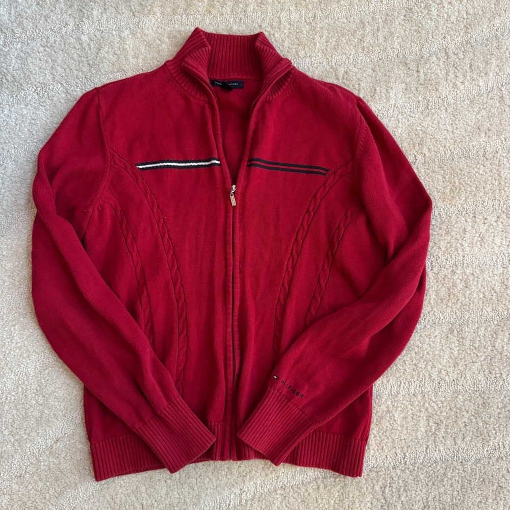 Tommy Hilfiger‎ Mens Red Cable Knit Full Zip Mock Neck Cotton Sweater Large